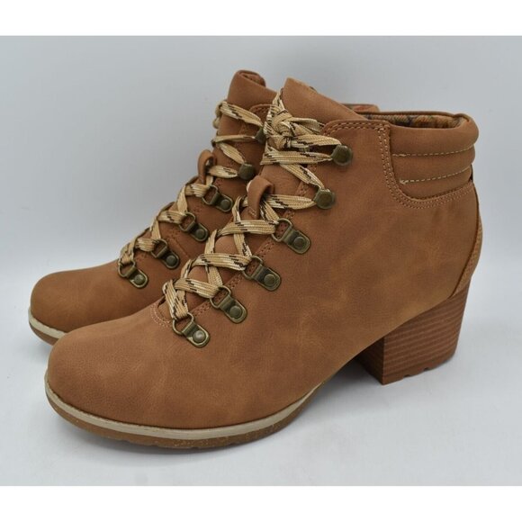 B.O.C By Born Womens Size 7 Alder Tan Nubuck PU Lace Up Heeled Booties Boots - Picture 1 of 12
